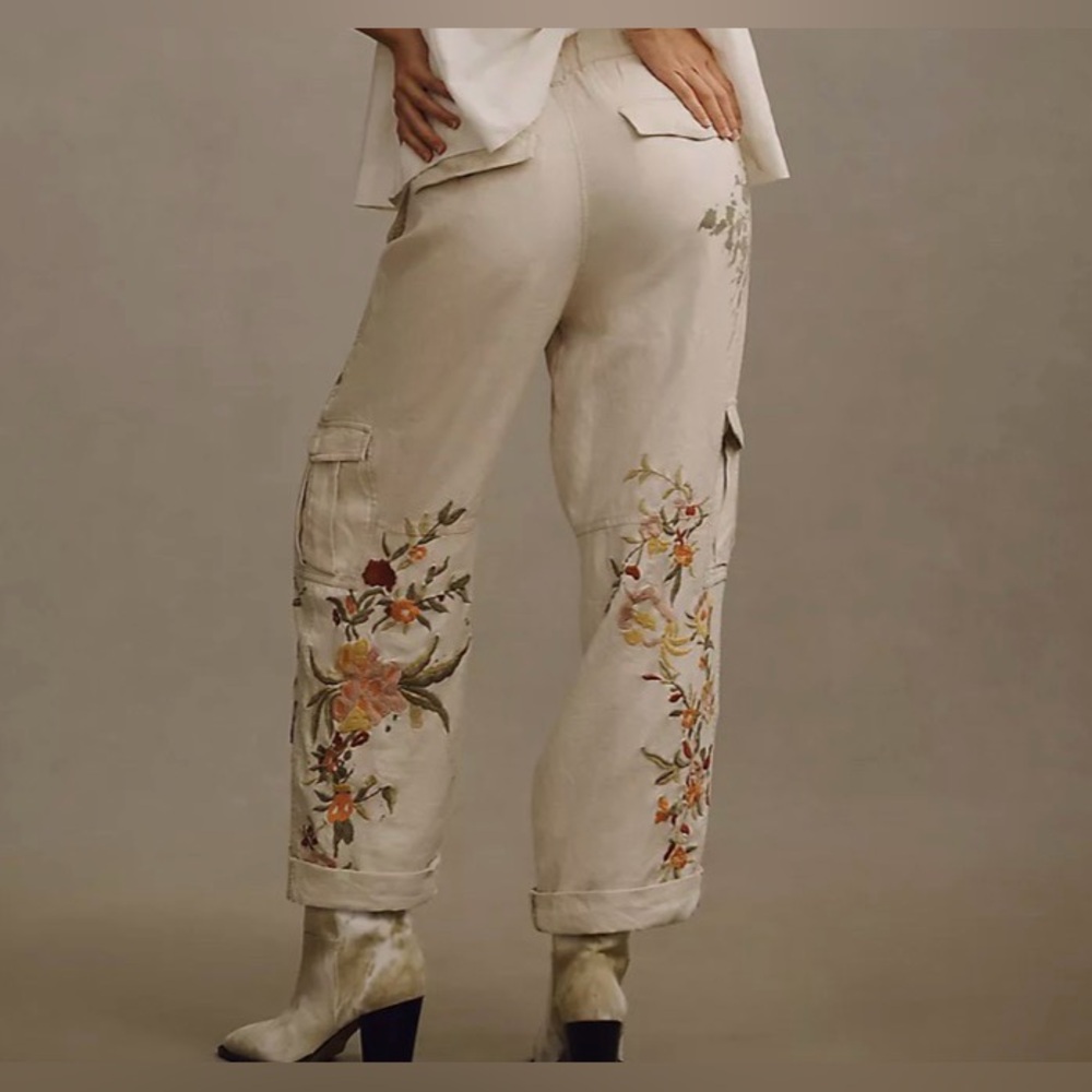 Pilcro Anthropologie Women’s Small Botanical Slim Linen Beach Cargo Pants - Picture 3 of 15